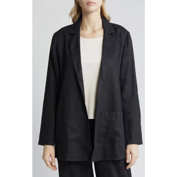 Eileen Fisher Notched Lapel Longline Organic Linen Open Blazer - Size 1X- Black - Picture 1 of 13